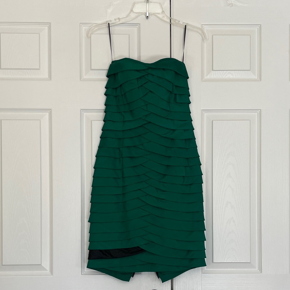 Yigal Azrouel 100% Silk Emerald Strapless Tiered Ruffle Pleats Cocktail Dress